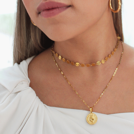 Set Collar choker de lunetas lisa y collar con moneda